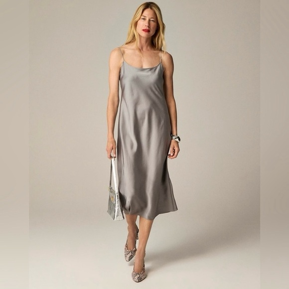 J. Crew 2 Gray Silver Satin 90s Quiet Luxury Minimalist Fairy Midi Slip Dress - Picture 1 of 11
